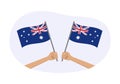 Australia waving flag icon or badge. Hand holding Australian flags. Vector illustration. Royalty Free Stock Photo